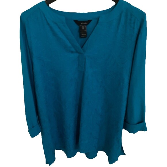 ali miles Top Blouse XL Blue Tunic Linen Blend Raised Paisley Print Roll Tab - Picture 2 of 6